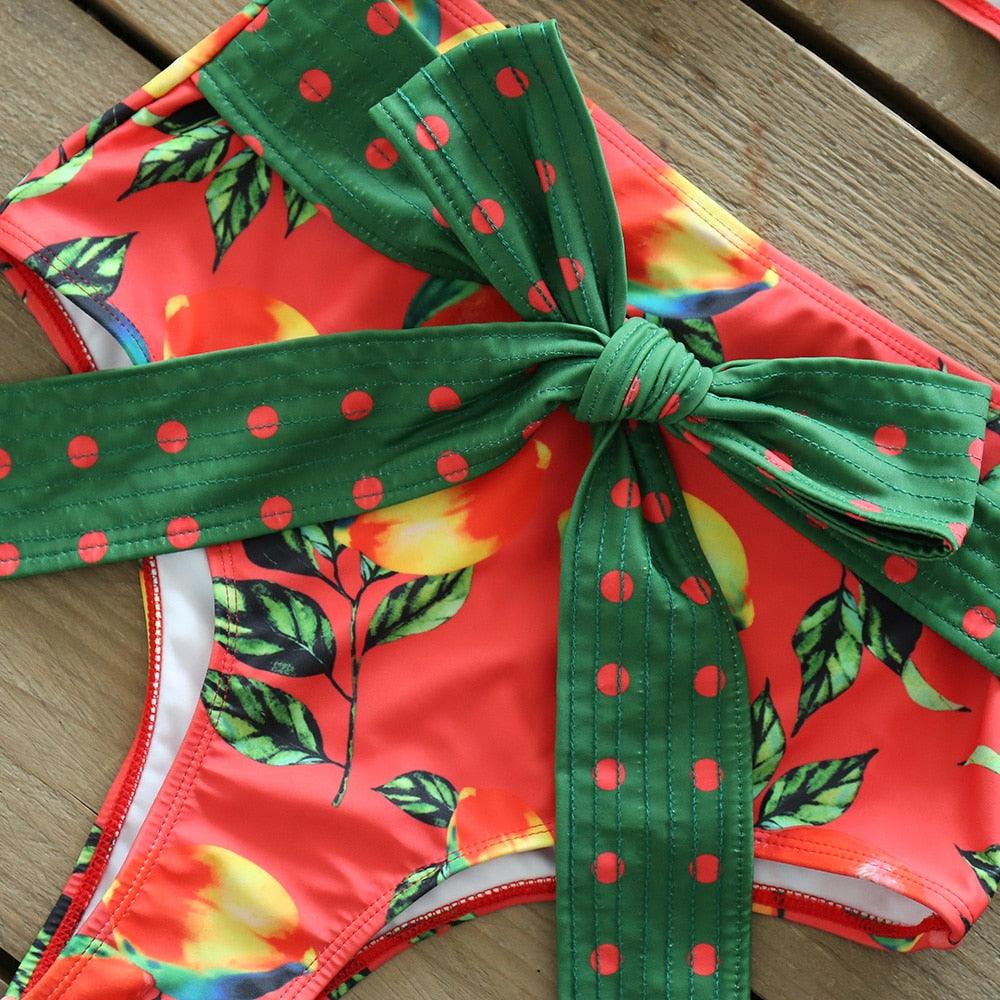 Ensemble bikini deux pièces à volants pour femme, maillot de bain push-up rembourré à imprimé floral, maillot de bain de plage, bikini triangle à nouer sur le côté et string échancré