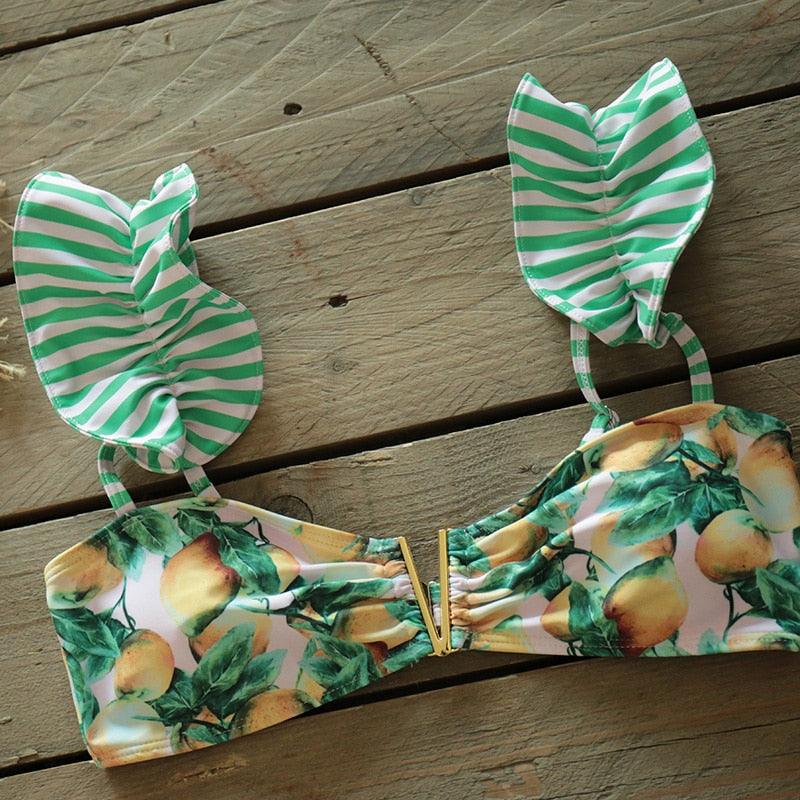 Ensemble bikini deux pièces à volants pour femme, maillot de bain push-up rembourré à imprimé floral, maillot de bain de plage, bikini triangle à nouer sur le côté et string échancré