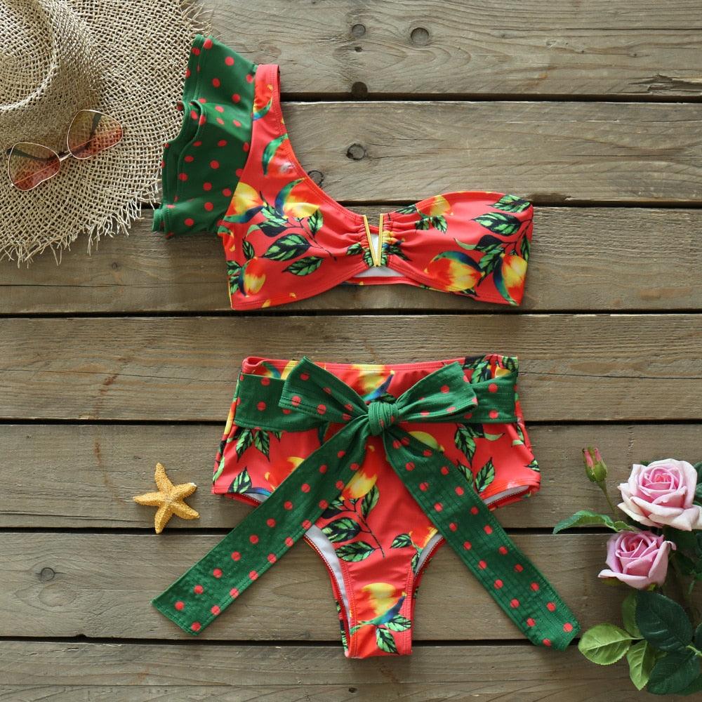 Ensemble bikini deux pièces à volants pour femme, maillot de bain push-up rembourré à imprimé floral, maillot de bain de plage, bikini triangle à nouer sur le côté et string échancré