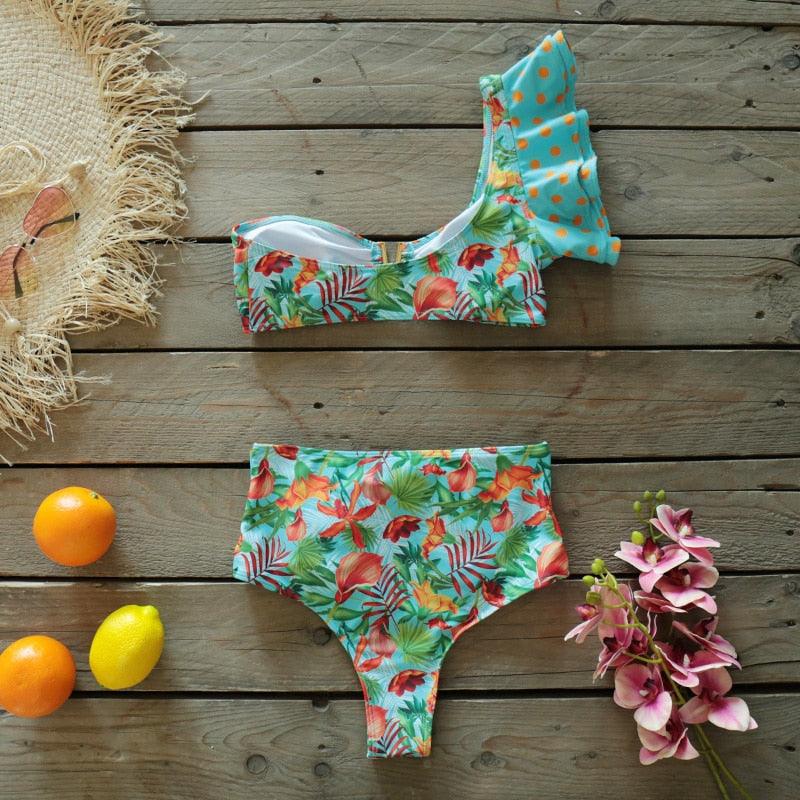 Ensemble bikini deux pièces à volants pour femme, maillot de bain push-up rembourré à imprimé floral, maillot de bain de plage, bikini triangle à nouer sur le côté et string échancré