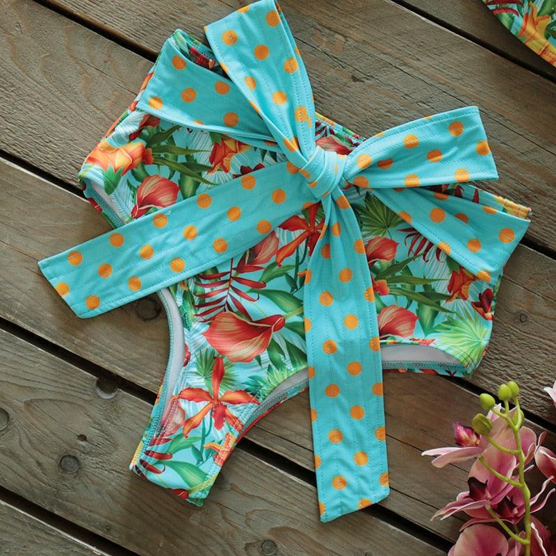 Ensemble bikini deux pièces à volants pour femme, maillot de bain push-up rembourré à imprimé floral, maillot de bain de plage, bikini triangle à nouer sur le côté et string échancré