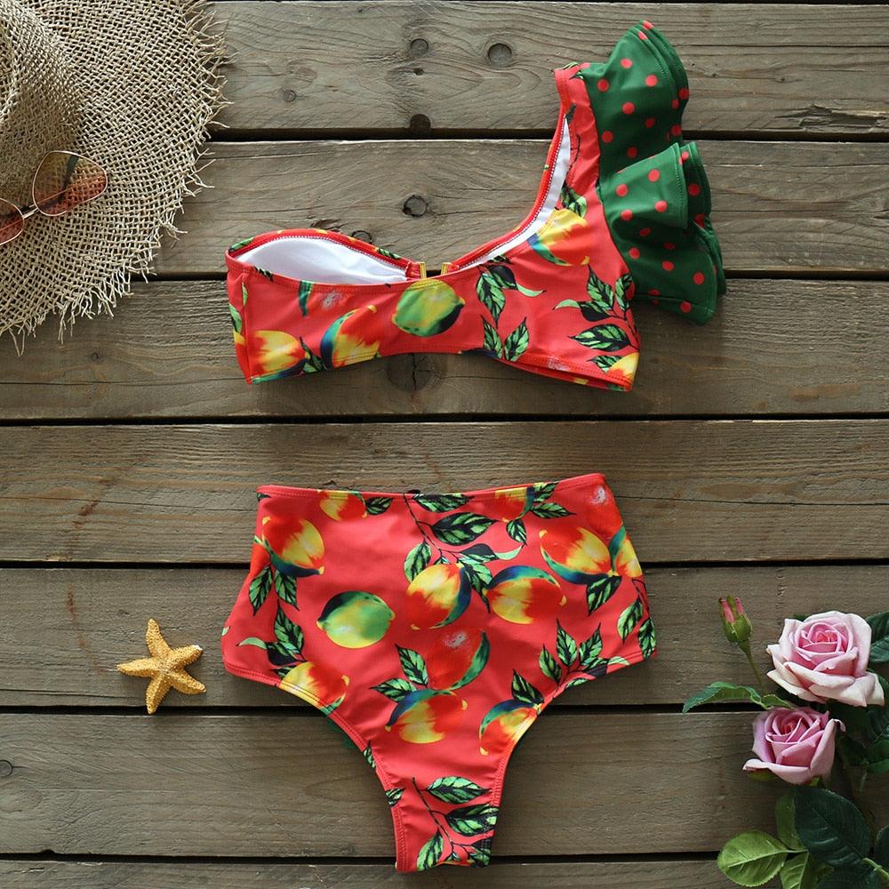 Ensemble bikini deux pièces à volants pour femme, maillot de bain push-up rembourré à imprimé floral, maillot de bain de plage, bikini triangle à nouer sur le côté et string échancré