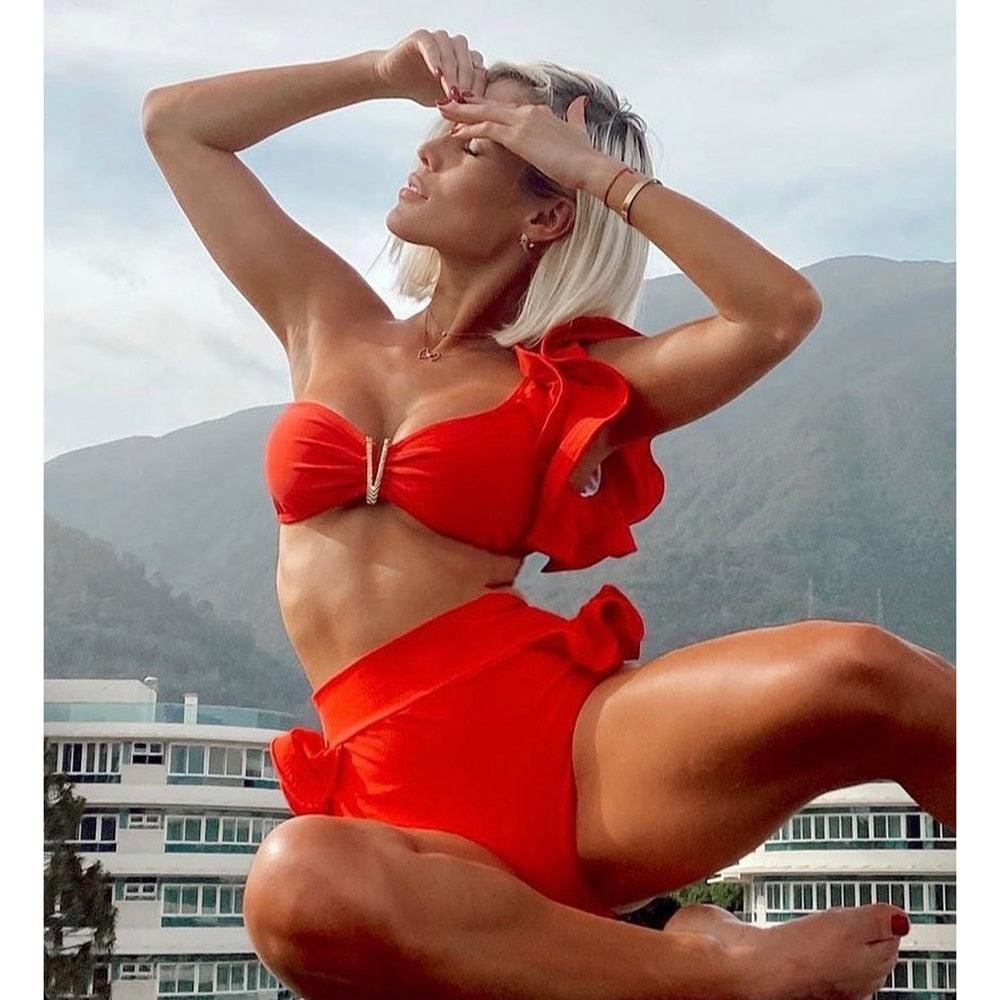 Ensemble bikini deux pièces à volants pour femme, maillot de bain push-up rembourré à imprimé floral, maillot de bain de plage, bikini triangle à nouer sur le côté et string échancré