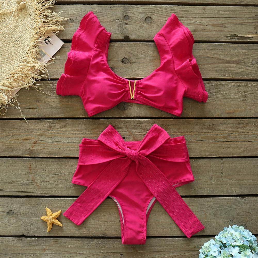 Ensemble bikini deux pièces à volants pour femme, maillot de bain push-up rembourré à imprimé floral, maillot de bain de plage, bikini triangle à nouer sur le côté et string échancré