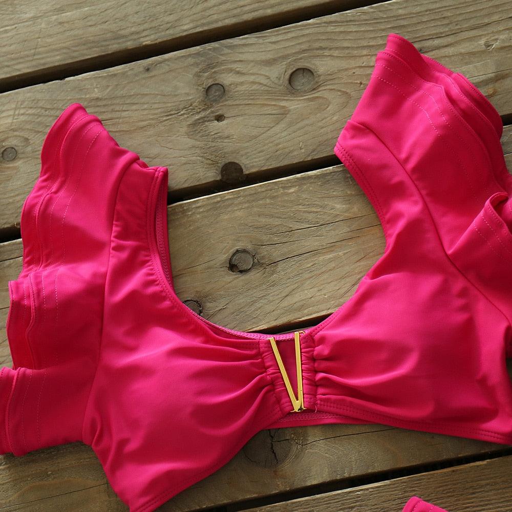 Ensemble bikini deux pièces à volants pour femme, maillot de bain push-up rembourré à imprimé floral, maillot de bain de plage, bikini triangle à nouer sur le côté et string échancré