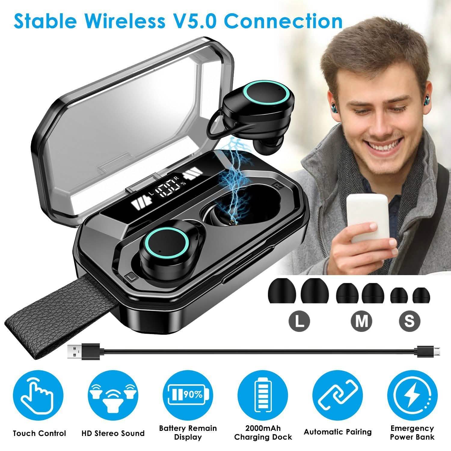 Écouteurs sans fil TWS 5.0 intra-auriculaires stéréo tactiles