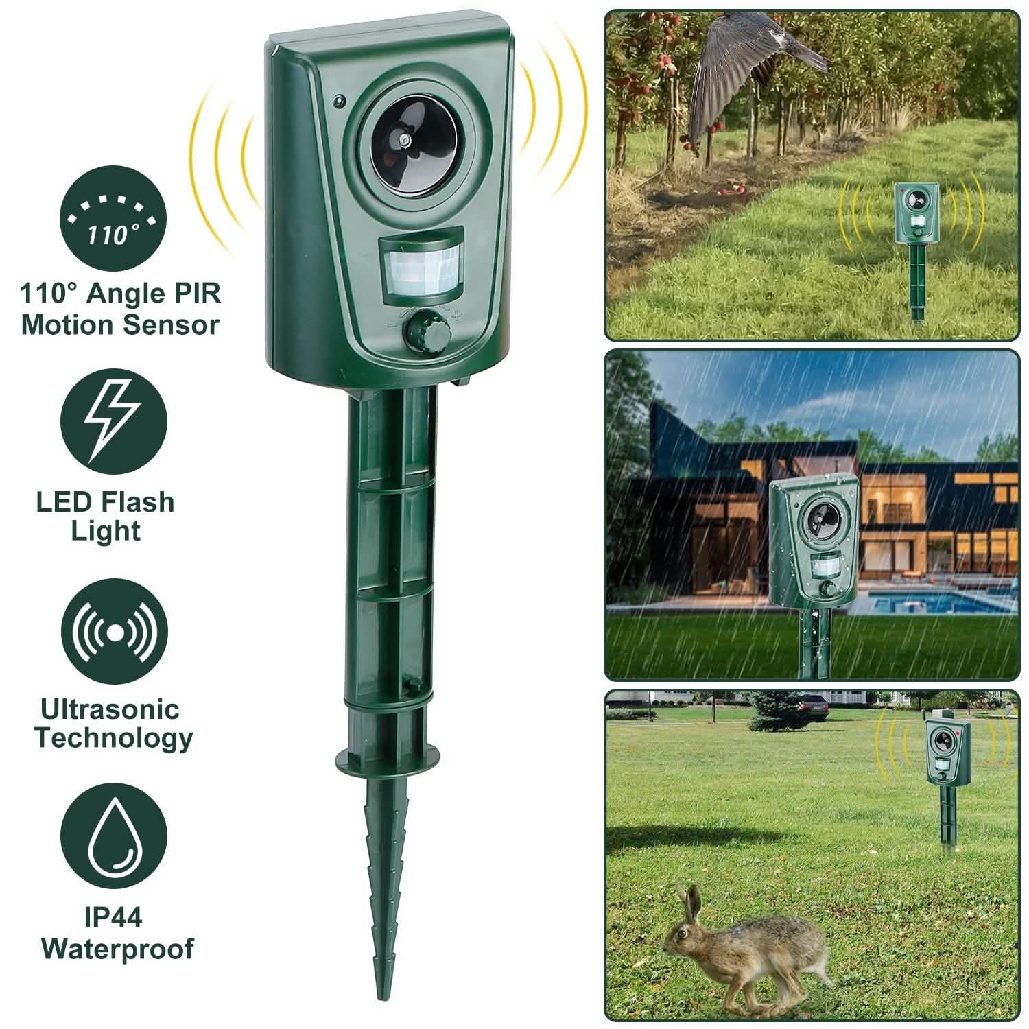 Répulsif Ultrasonique pour Animaux, Étanche IP4, avec Détecteur de Mouvement et Lumière LED Clignotante