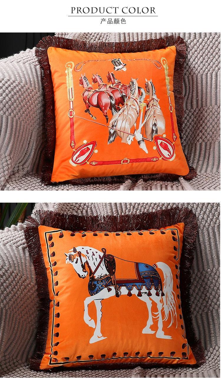 Housse de coussin de luxe unique en polyester imprimé européen américain, imprimé cheval, housse lombaire, bord à pompons, housses de coussin modernes décoratives carrées pour la maison, le lit, le canapé, le banc