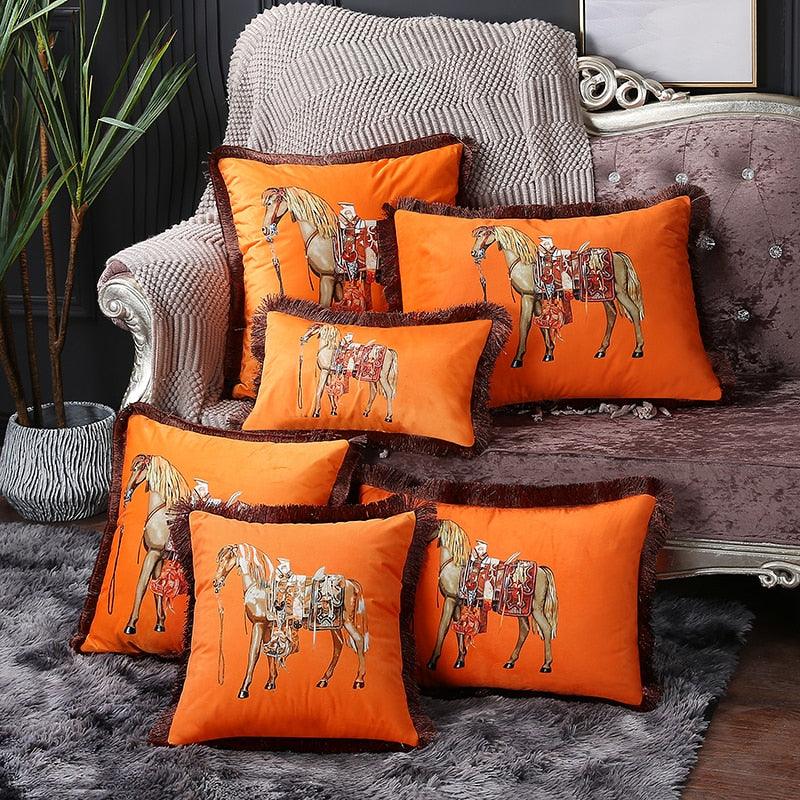 Housse de coussin de luxe unique en polyester imprimé européen américain, imprimé cheval, housse lombaire, bord à pompons, housses de coussin modernes décoratives carrées pour la maison, le lit, le canapé, le banc