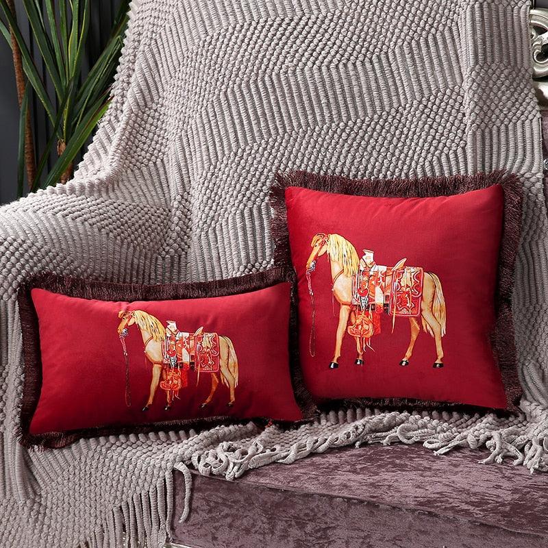 Housse de coussin de luxe unique en polyester imprimé européen américain, imprimé cheval, housse lombaire, bord à pompons, housses de coussin modernes décoratives carrées pour la maison, le lit, le canapé, le banc