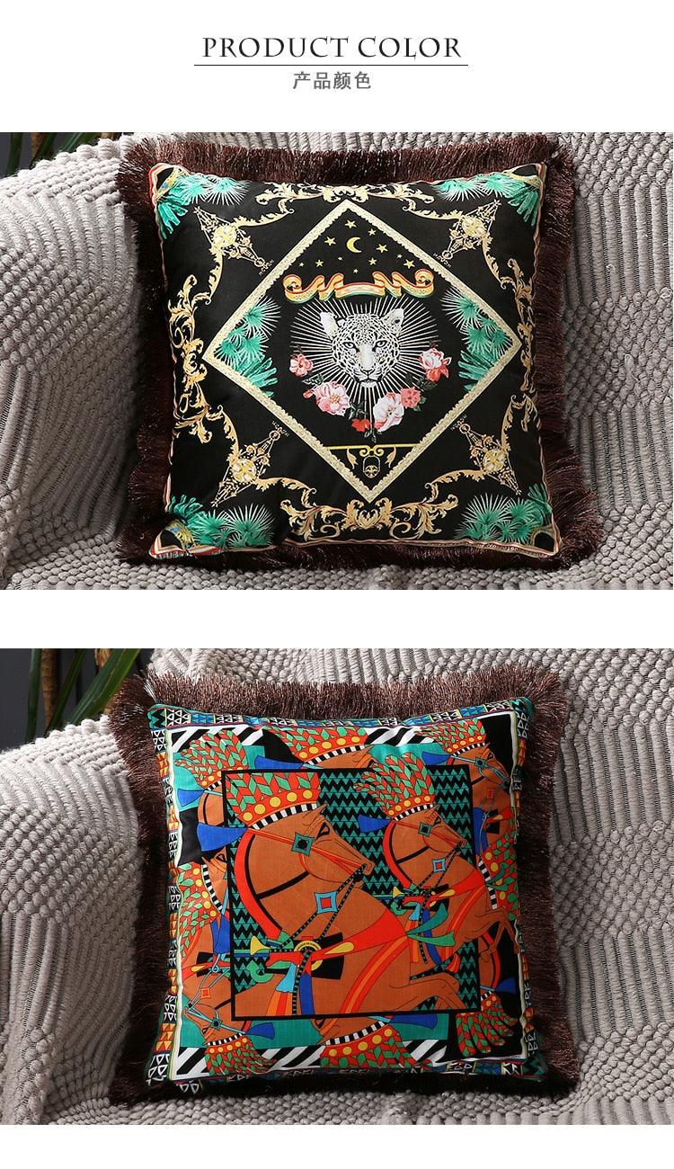 Housse de coussin de luxe unique en polyester imprimé européen américain, imprimé cheval, housse lombaire, bord à pompons, housses de coussin modernes décoratives carrées pour la maison, le lit, le canapé, le banc