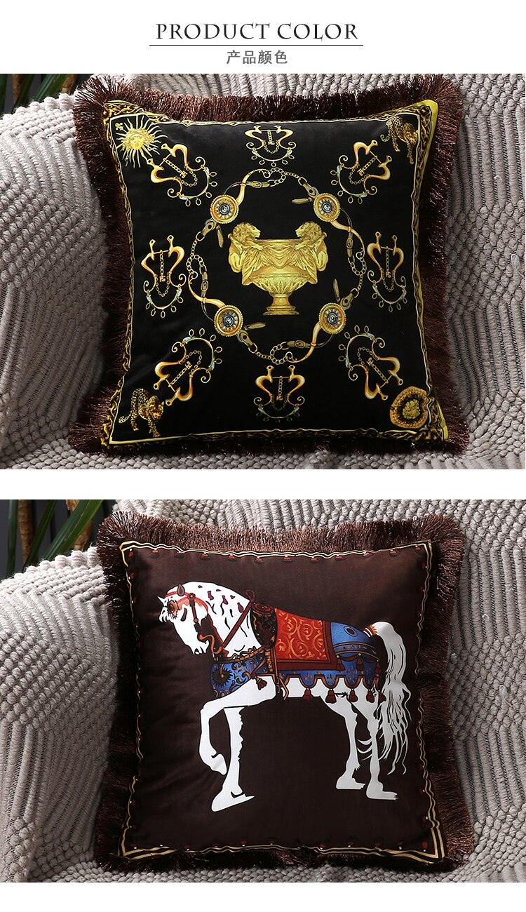 Housse de coussin de luxe unique en polyester imprimé européen américain, imprimé cheval, housse lombaire, bord à pompons, housses de coussin modernes décoratives carrées pour la maison, le lit, le canapé, le banc