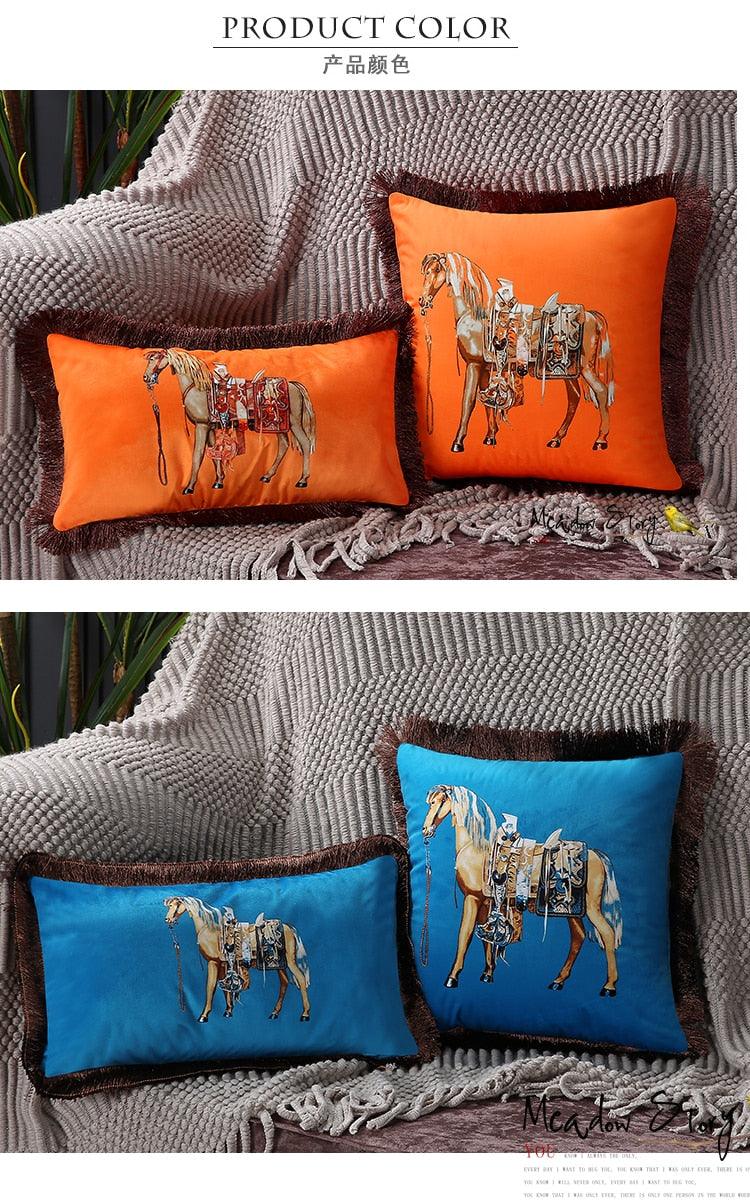 Housse de coussin de luxe unique en polyester imprimé européen américain, imprimé cheval, housse lombaire, bord à pompons, housses de coussin modernes décoratives carrées pour la maison, le lit, le canapé, le banc
