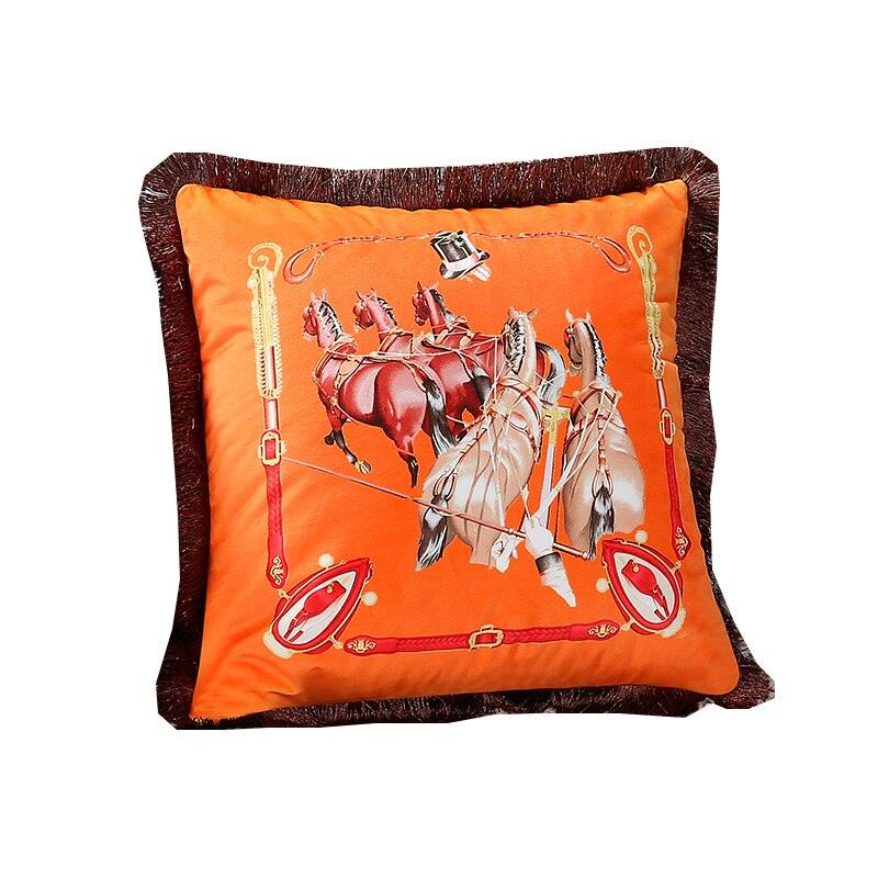 Housse de coussin de luxe unique en polyester imprimé européen américain, imprimé cheval, housse lombaire, bord à pompons, housses de coussin modernes décoratives carrées pour la maison, le lit, le canapé, le banc