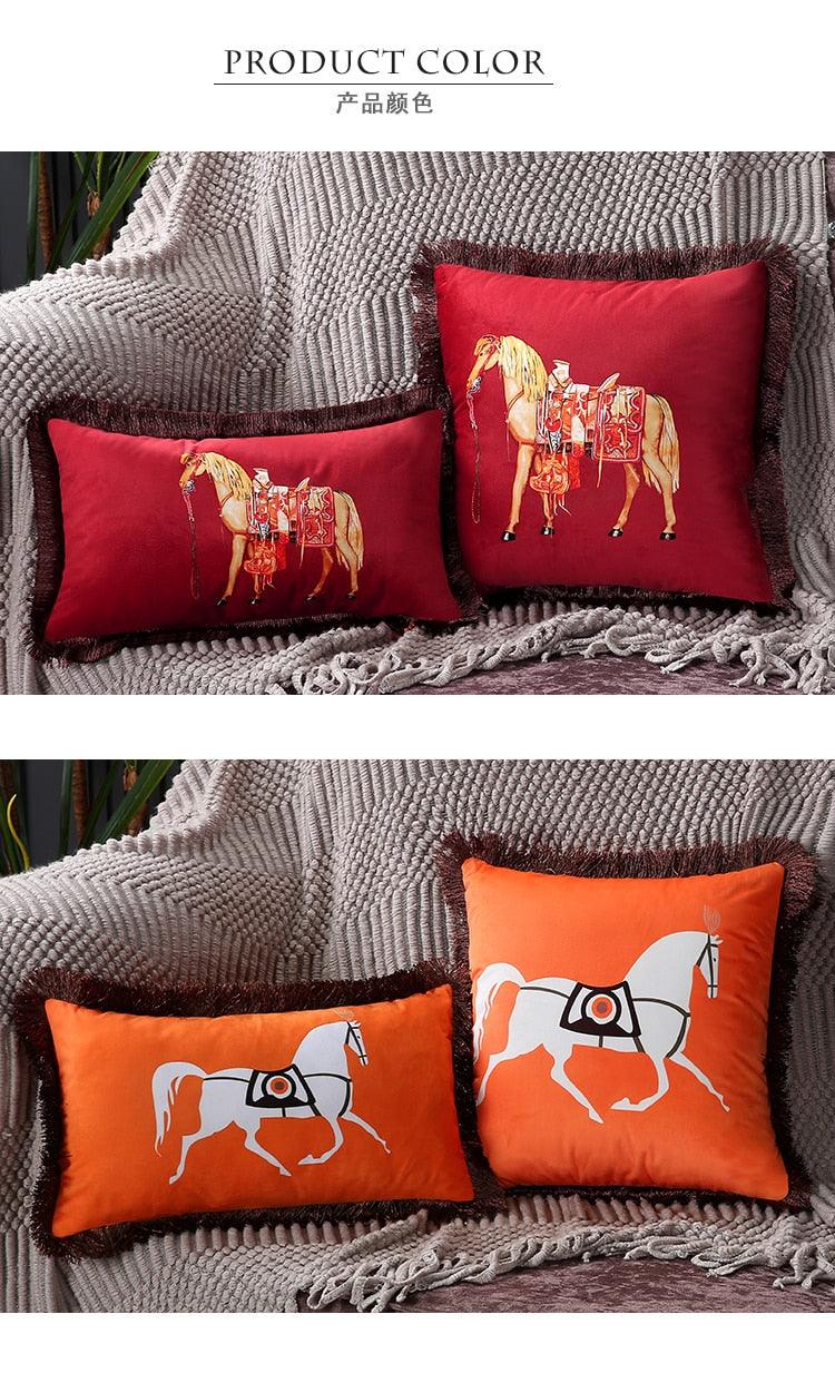 Housse de coussin de luxe unique en polyester imprimé européen américain, imprimé cheval, housse lombaire, bord à pompons, housses de coussin modernes décoratives carrées pour la maison, le lit, le canapé, le banc