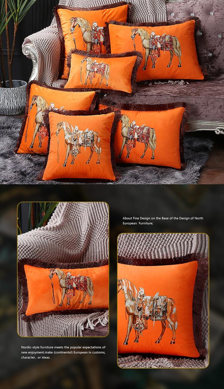 Housse de coussin de luxe unique en polyester imprimé européen américain, imprimé cheval, housse lombaire, bord à pompons, housses de coussin modernes décoratives carrées pour la maison, le lit, le canapé, le banc