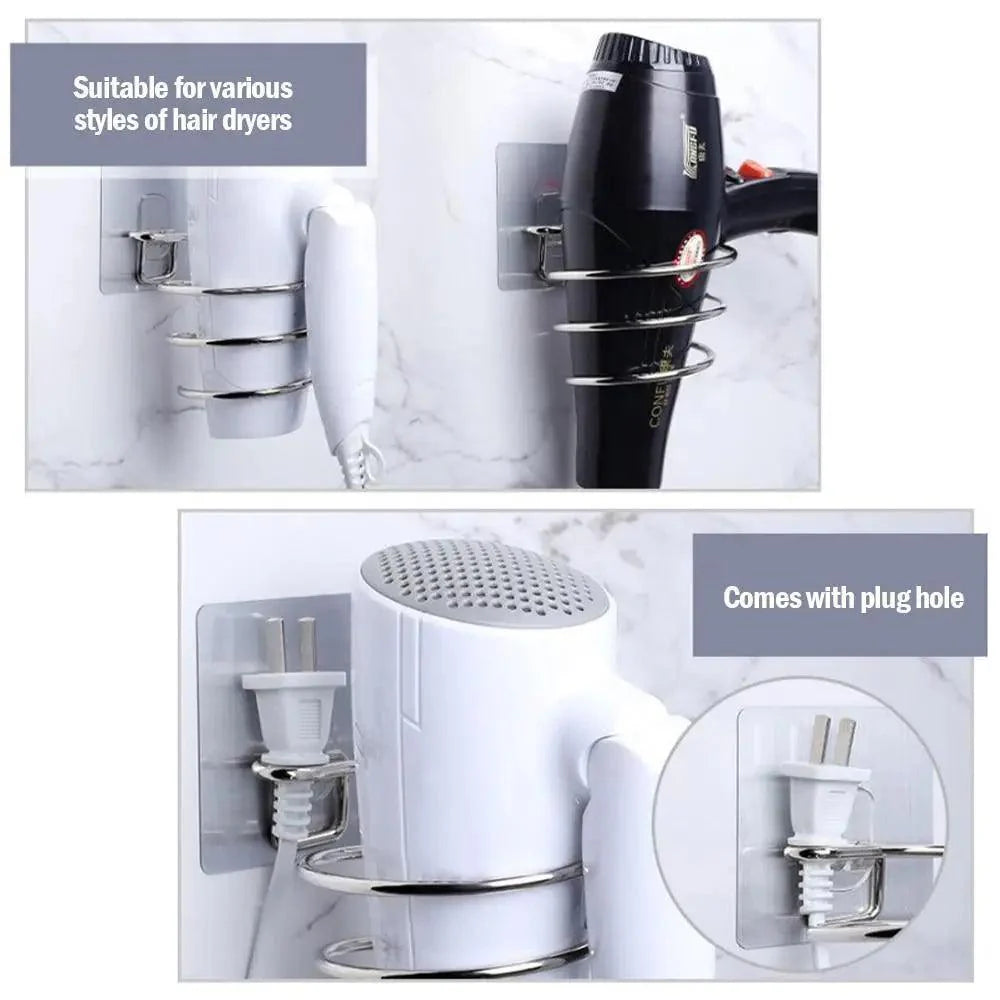 Support de sèche-cheveux au design unique, organisateur de souffleur, fixation murale adhésive, sans perçage, en acier inoxydable, pour salle de bain et chambre