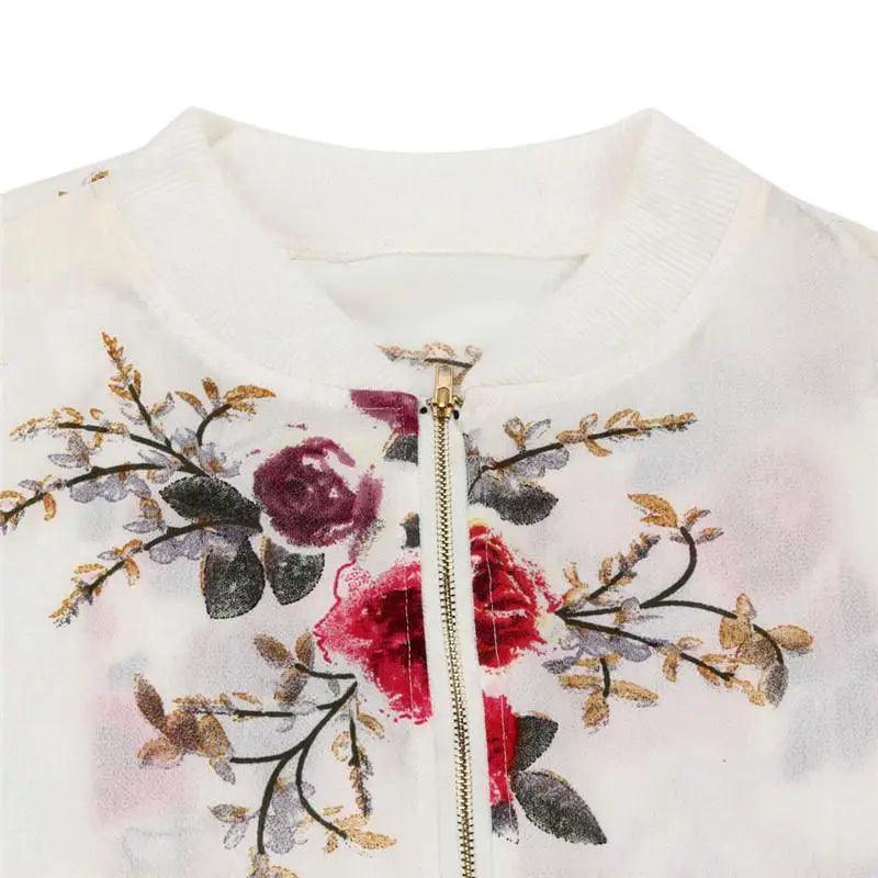 Blousons Femme Design Nature Unique Imprimé Floral Fermeture Éclair Bomber Manteaux Printemps Manches Longues Courts Fins Slim Décontractés Poches Motard