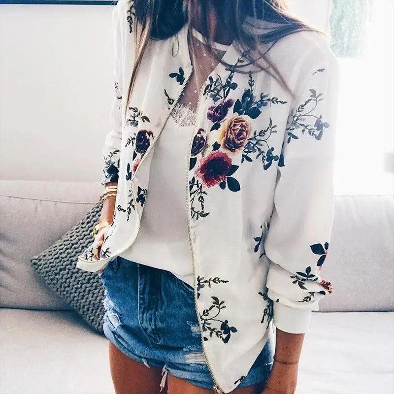 Blousons Femme Design Nature Unique Imprimé Floral Fermeture Éclair Bomber Manteaux Printemps Manches Longues Courts Fins Slim Décontractés Poches Motard