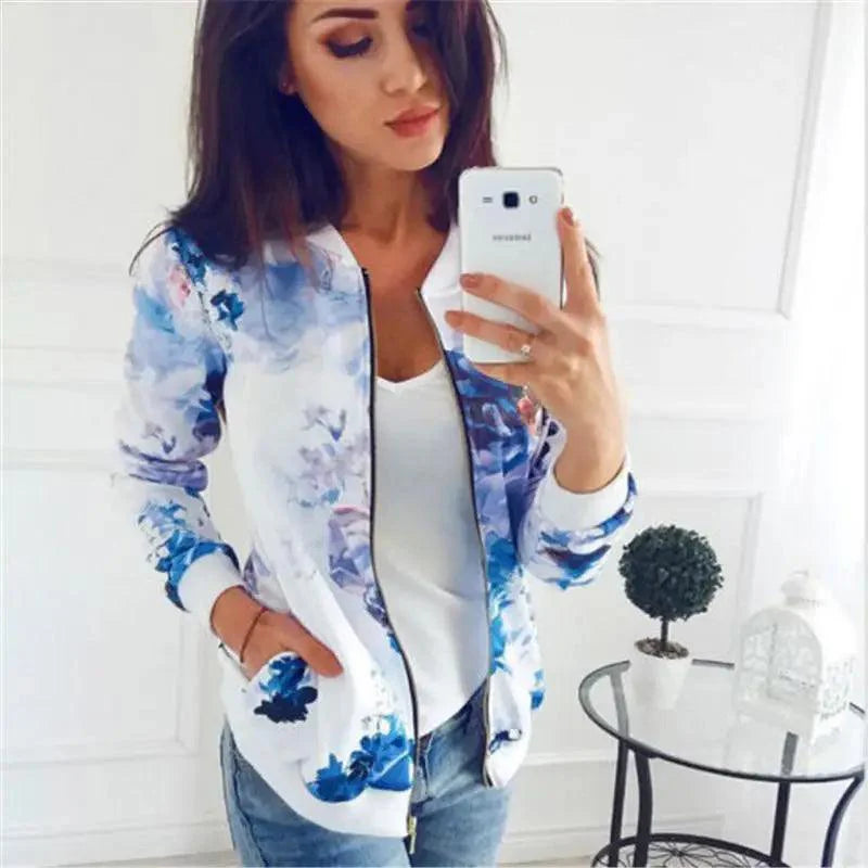 Blousons Femme Design Nature Unique Imprimé Floral Fermeture Éclair Bomber Manteaux Printemps Manches Longues Courts Fins Slim Décontractés Poches Motard