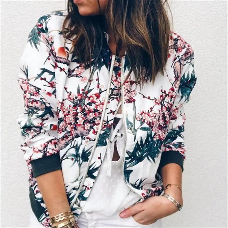 Blousons Femme Design Nature Unique Imprimé Floral Fermeture Éclair Bomber Manteaux Printemps Manches Longues Courts Fins Slim Décontractés Poches Motard