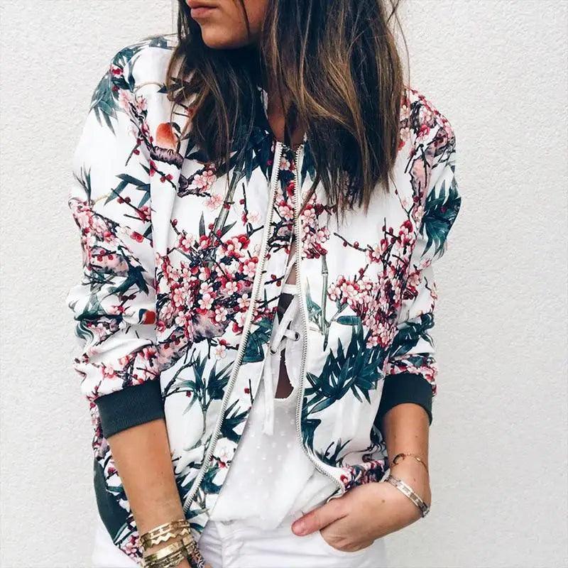 Blousons Femme Design Nature Unique Imprimé Floral Fermeture Éclair Bomber Manteaux Printemps Manches Longues Courts Fins Slim Décontractés Poches Motard