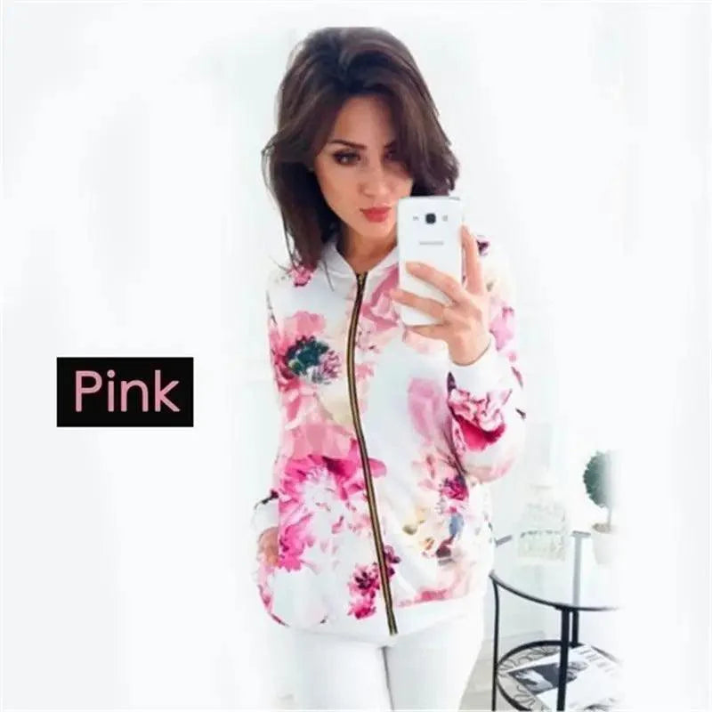 Blousons Femme Design Nature Unique Imprimé Floral Fermeture Éclair Bomber Manteaux Printemps Manches Longues Courts Fins Slim Décontractés Poches Motard