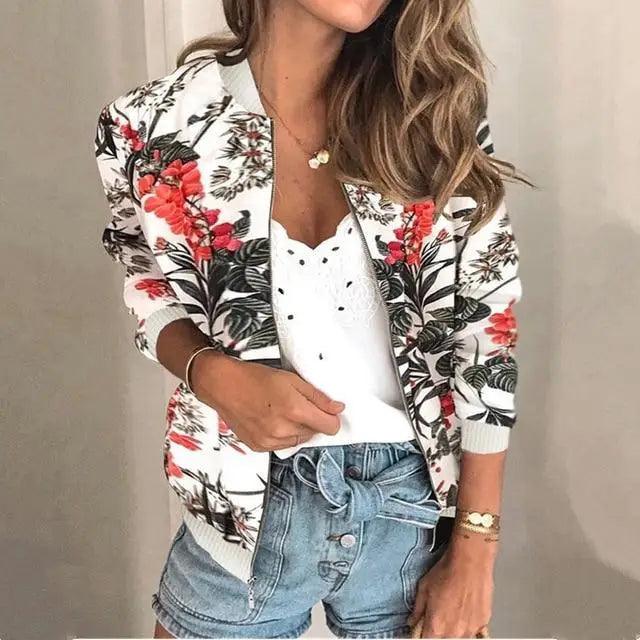 Blousons Femme Design Nature Unique Imprimé Floral Fermeture Éclair Bomber Manteaux Printemps Manches Longues Courts Fins Slim Décontractés Poches Motard