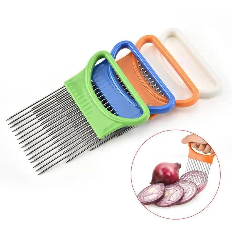 Style unique 1PC Aiguille à oignon en acier inoxydable Support à oignon Manuel Coupe-fruits et légumes simple Trancheuse à pommes de terre Outil de cuisine Accessoires de bar