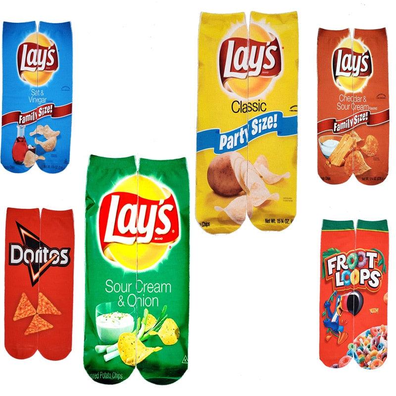 Chaussettes rigolotes unisexes 3D imprimé art fantaisie en coton pour amoureux avec peinture et snacks, chaussettes longues Kawaii mignonnes et cool, cadeaux pour hommes et femmes