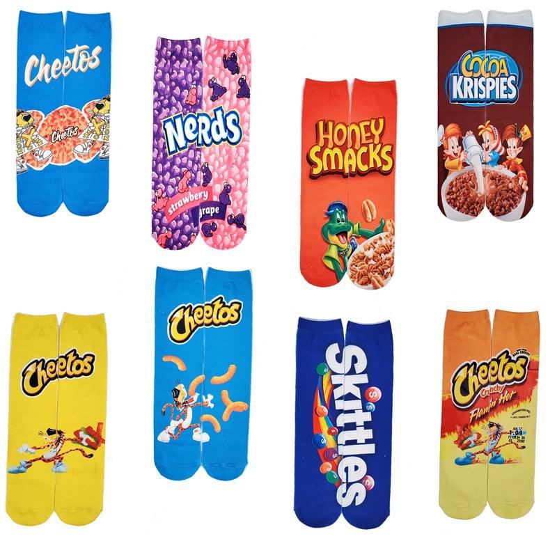 Chaussettes rigolotes unisexes 3D imprimé art fantaisie en coton pour amoureux avec peinture et snacks, chaussettes longues Kawaii mignonnes et cool, cadeaux pour hommes et femmes