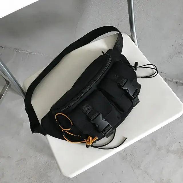 Sac banane noir unisexe décontracté élégant à fermeture éclair, sac de voyage confortable à bandoulière, sacs de grande capacité