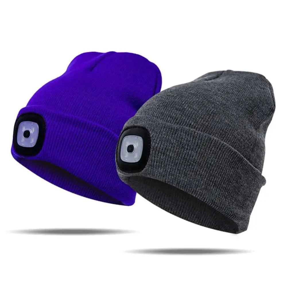 Bonnet tricoté unisexe à LED pour hommes et femmes - Bonnet élastique tendance avec lampe frontale - Bonnet tricoté lumineux d'hiver avec lampe frontale