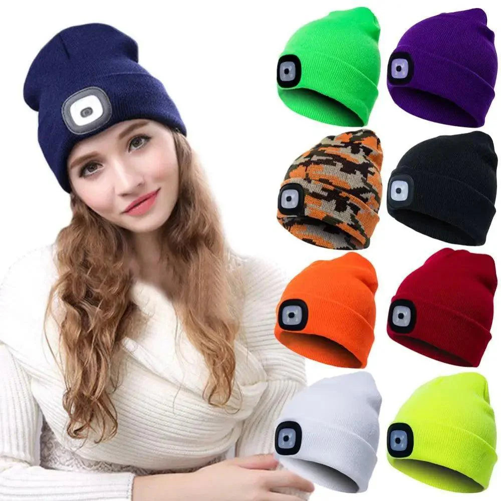 Bonnet tricoté unisexe à LED pour hommes et femmes - Bonnet élastique tendance avec lampe frontale - Bonnet tricoté lumineux d'hiver avec lampe frontale