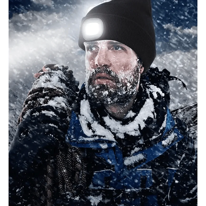 Bonnet tricoté unisexe à LED pour hommes et femmes - Bonnet élastique tendance avec lampe frontale - Bonnet tricoté lumineux d'hiver avec lampe frontale