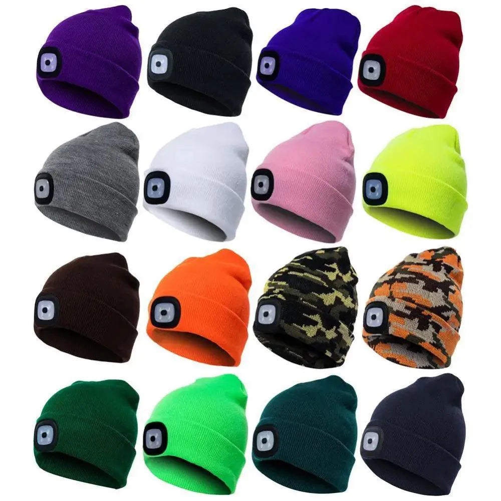 Bonnet tricoté unisexe à LED pour hommes et femmes - Bonnet élastique tendance avec lampe frontale - Bonnet tricoté lumineux d'hiver avec lampe frontale