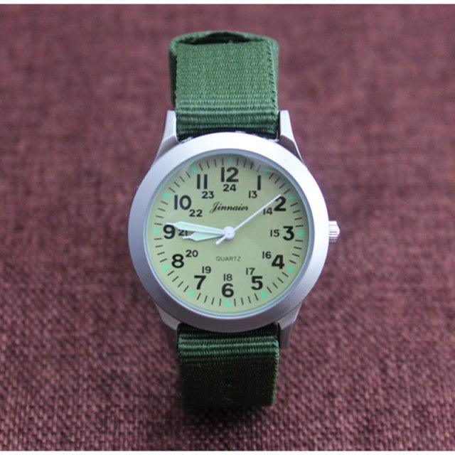 Montre unisexe en nylon pour enfants, style sport, fine, pour étudiants, en toile, à quartz, avec affichage militaire, montre-bracelet de sport militaire pour homme avec bracelet en nylon coulissant.