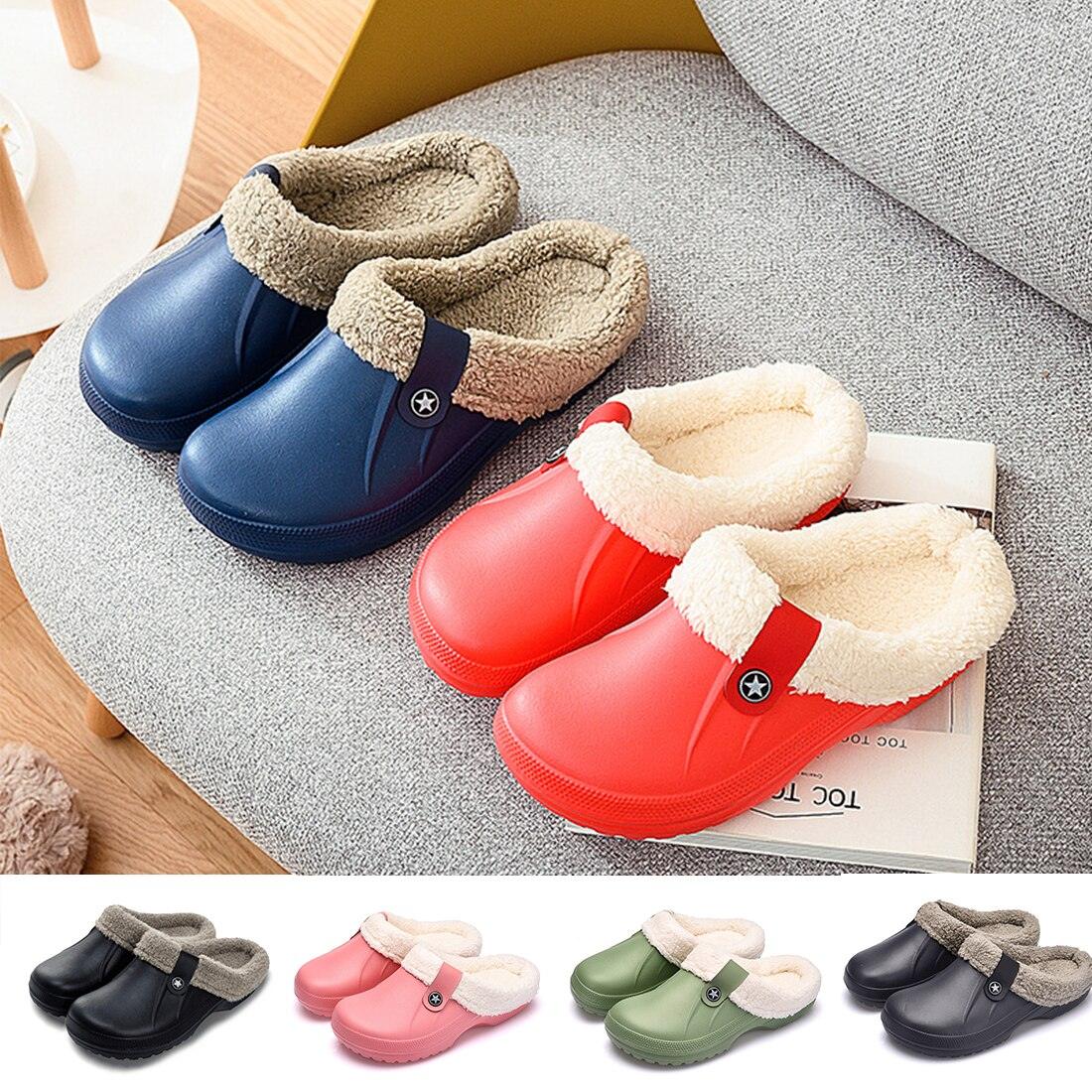 Sabots d'hiver unisexes pour la maison, pantoufles chaudes fourrées pour femmes, nouvelles chaussures de mode, pantoufles d'hiver, chaussures de maison, doublure en polaire chaude, sabots de jardin, sabots d'intérieur et d'extérieur