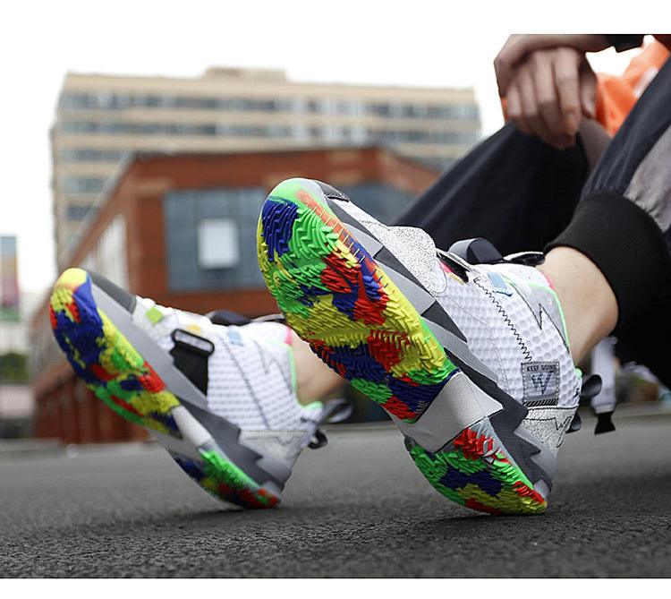 Chaussures de basketball unisexe modernes respirantes à coupe haute, baskets de ville d'extérieur pour hommes, chaussures de basketball arc-en-ciel tendance, chaussures de sport respirantes antidérapantes et douces