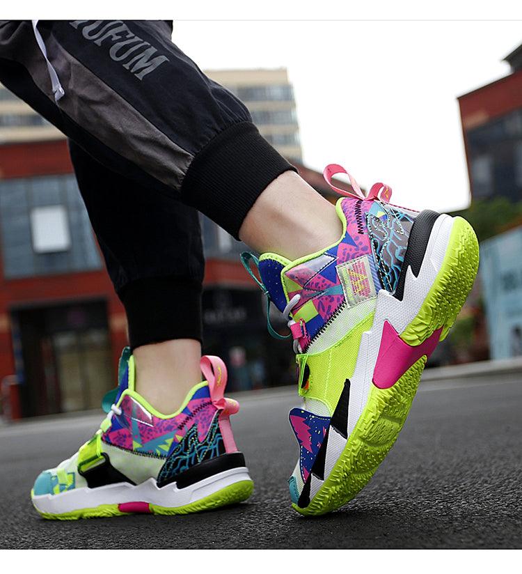 Chaussures de basketball unisexe modernes respirantes à coupe haute, baskets de ville d'extérieur pour hommes, chaussures de basketball arc-en-ciel tendance, chaussures de sport respirantes antidérapantes et douces