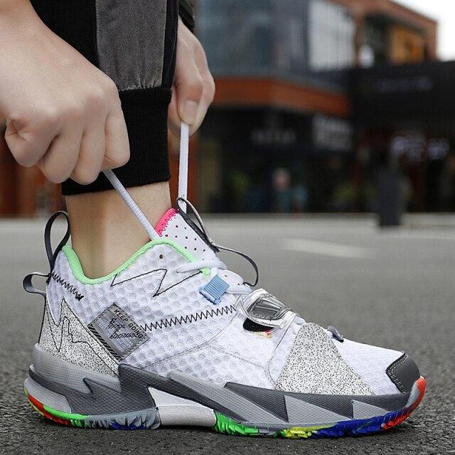 Chaussures de basketball unisexe modernes respirantes à coupe haute, baskets de ville d'extérieur pour hommes, chaussures de basketball arc-en-ciel tendance, chaussures de sport respirantes antidérapantes et douces
