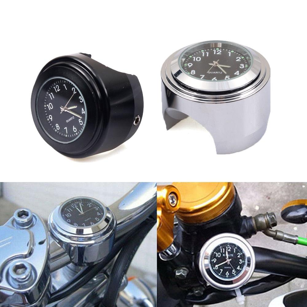 Horloge universelle de guidon de moto en chrome étanche 7/8", horloge de guidon de moto, modification de moto, support de guidon, horloge à quartz étanche, accessoires de montre, horloge lumineuse en aluminium, moto noire