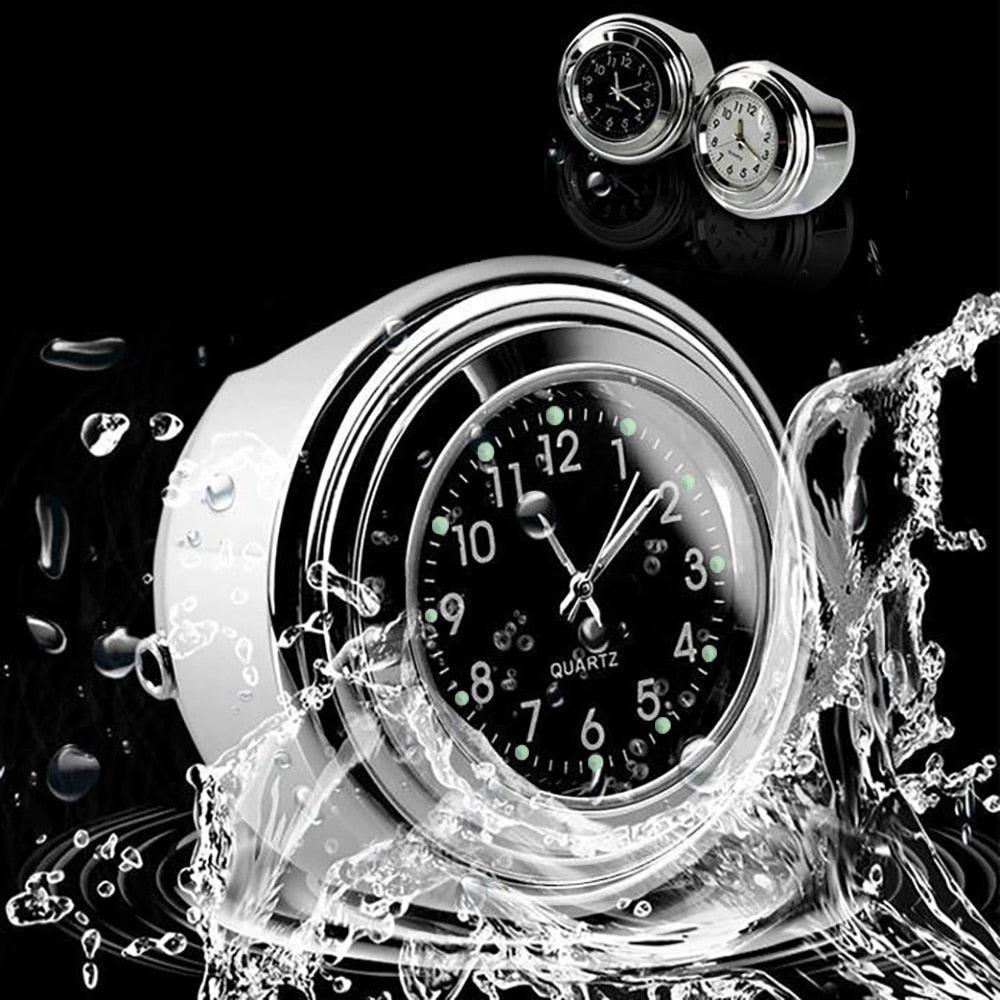 Horloge universelle de guidon de moto en chrome étanche 7/8", horloge de guidon de moto, modification de moto, support de guidon, horloge à quartz étanche, accessoires de montre, horloge lumineuse en aluminium, moto noire