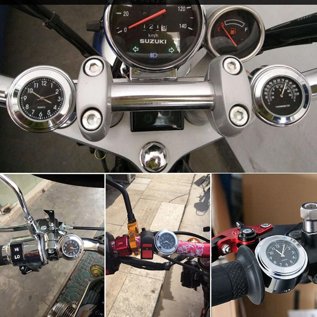 Horloge universelle de guidon de moto en chrome étanche 7/8", horloge de guidon de moto, modification de moto, support de guidon, horloge à quartz étanche, accessoires de montre, horloge lumineuse en aluminium, moto noire