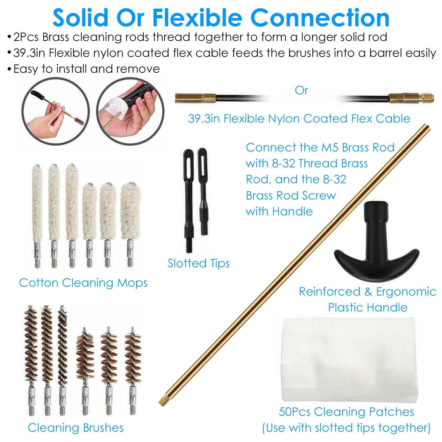 Kit de nettoyage universel pour armes avec tige en laiton et câble flexible de 99,8 cm