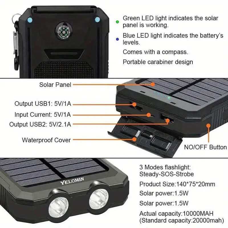 Chargeur portable USB 10000mAh batterie externe solaire pour téléphones portables et ordinateurs portables