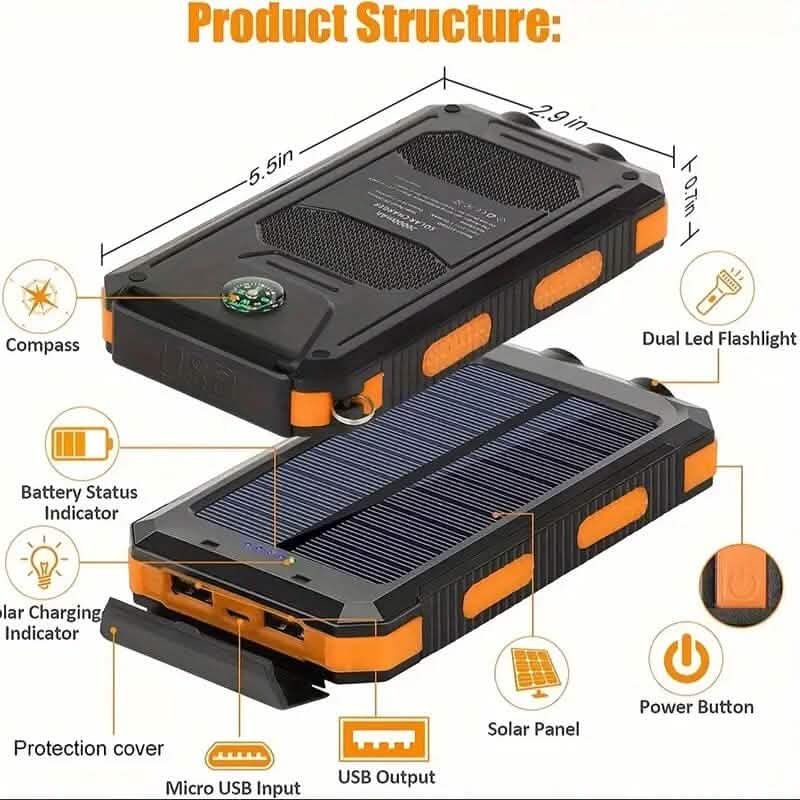 Chargeur portable USB 10000mAh batterie externe solaire pour téléphones portables et ordinateurs portables