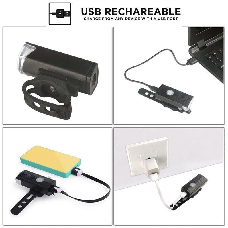 Phare de vélo rechargeable USB 3 modes Lampe avant de vélo Phare de vélo de cyclisme LED puissant Phare avant de vélo étanche Ensemble de feux arrière 300 lumens