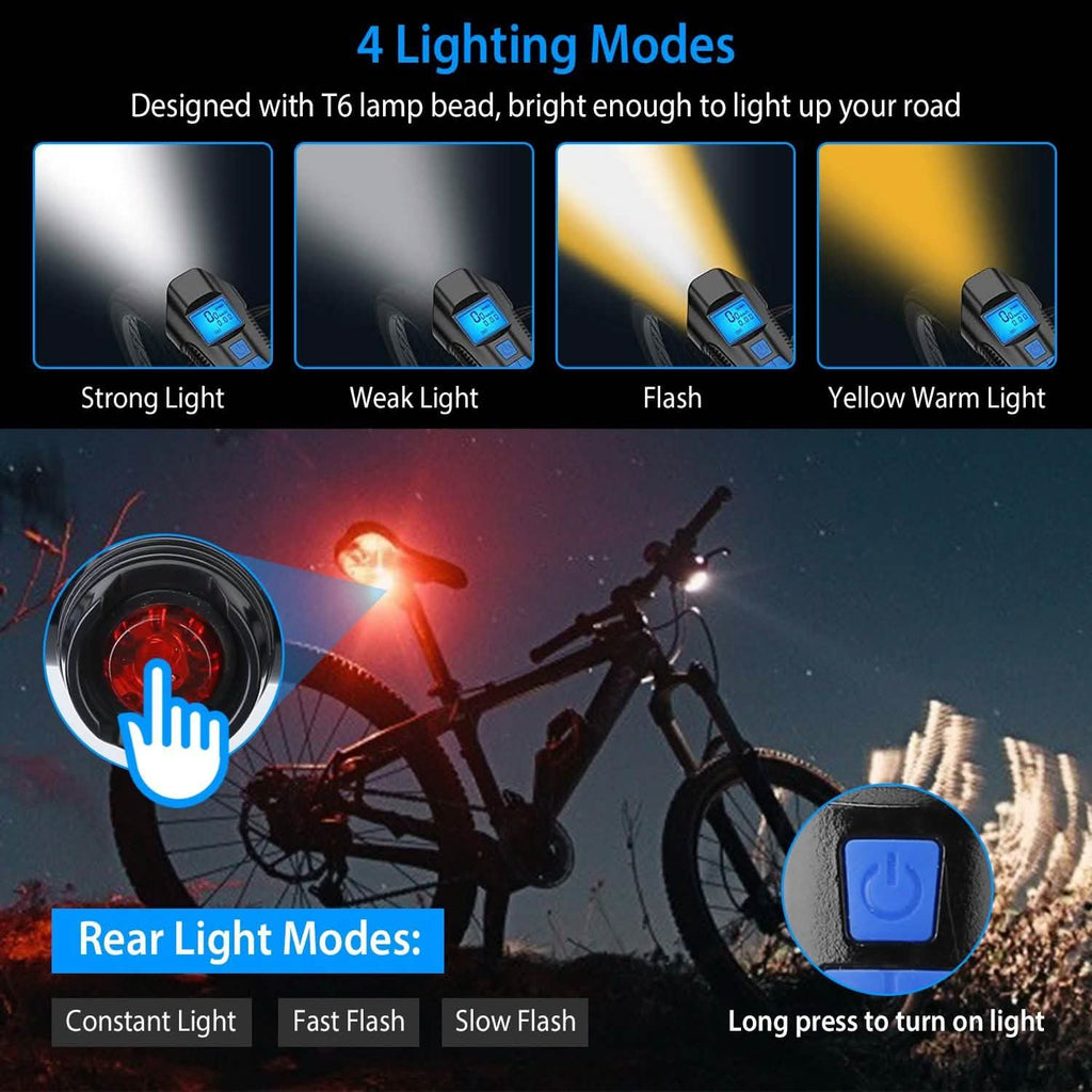 Ensemble de lumières de vélo rechargeables par USB avec compteur de vitesse et odomètre