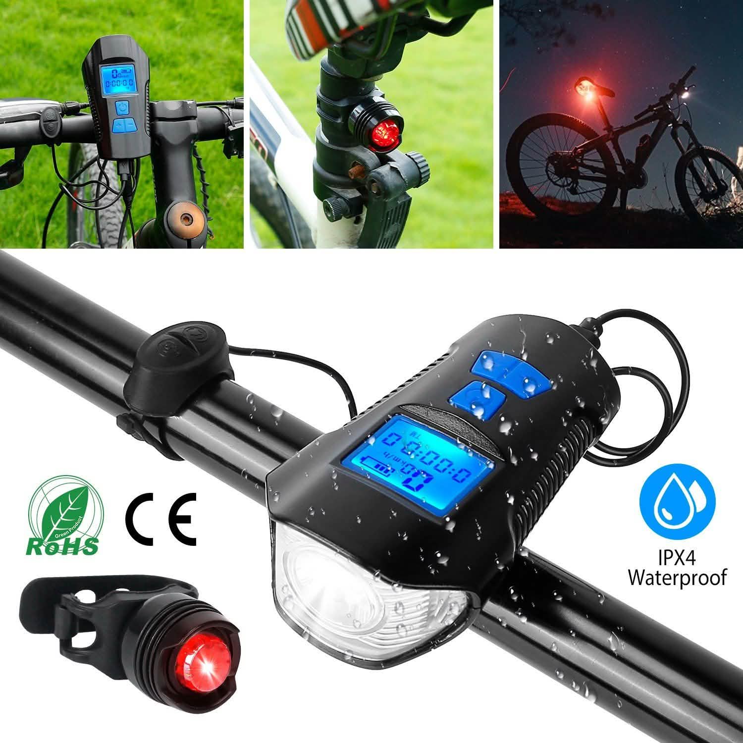 Ensemble de lumières de vélo rechargeables par USB avec compteur de vitesse et odomètre